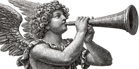 Engraved cherub blowing a trumpet, vintage illustration of an angel announcing from the heavens Concept of renaissance, baroque, religion, and classical art