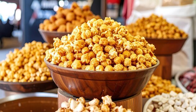 Caramel popcorn in wooden bowls at a market