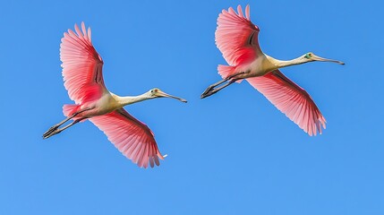 Two Roseate Spoonbills Flying Together in Blue Sky platalea ajaja bird photo