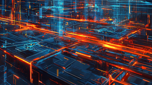 Futuristic Cyber Network with Glowing Red and Blue Lines