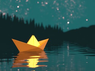A serene night scene featuring a glowing origami paper boat floating peacefully on calm water reflecting twinkling stars and dark landscape silhouettes.