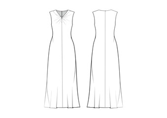 Women Minimal Drapery Twisted Details Maxi Dress Cocktail Evening Gown Dress, Front & Back view, fashion flat sketch, Editable Flat Technical Drawings Illustration, Dress Mockup, dress CAD