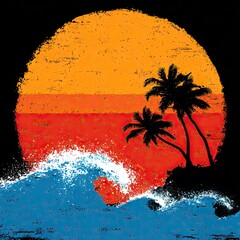 Vibrant sunset over ocean waves, featuring tropical palm trees and a retro, distressed aesthetic.