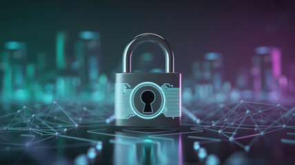 Digital padlock on a glowing network grid with abstract city skyline in the background, representing cybersecurity and data protection in a modern connected world