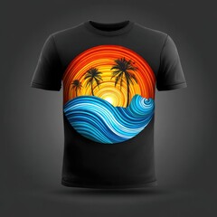 A vibrant graphic design of a sunset over a tropical shoreline, featuring stylized palm trees and waves, displayed on a black t-shirt.