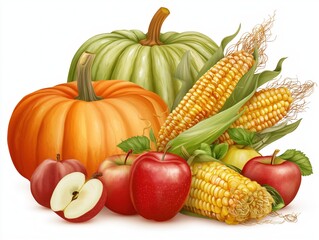 Vibrant autumn harvest bounty featuring ripe pumpkins, fresh corn, and juicy red apples, perfect for fall celebrations
