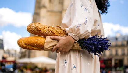 Woman holding baguettes and lavender
