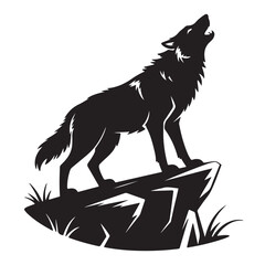 Silhouette of howling wolf standing on rock with raised head