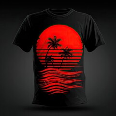A vibrant graphic tee showcasing a retro sunset scene with palm trees and flowing waves of red.