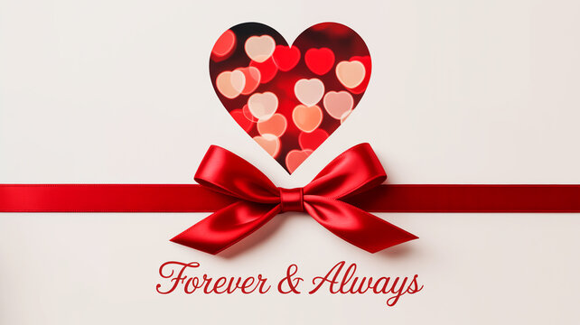 Red ribbon bow on white background with heart shape cutout and bokeh lights valentine love