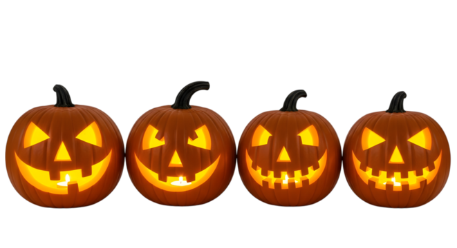 Four carved jackolanterns with glowing faces in a row, isolated on transparent background