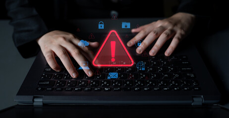 Cybersecurity threat alert protects data. Cyber security threat alert prevents access, alert warns...