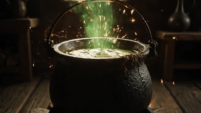 Bubbling cauldron brews a mysterious green potion in a dimly lit, rustic kitchen, evoking a sense of magic and enchantment.