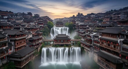 Obraz premium Traditional Chinese Ancient Town with Majestic Waterfalls and Wooden Architecture at Sunset 