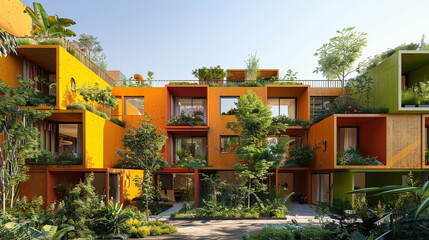 Urban co-housing complex with shared rooftop garden, communal courtyard, and colorful modern facades.