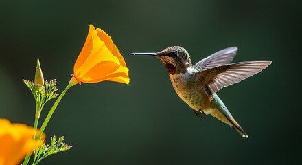 Hummingbird feeding on a vibrant orange flower.