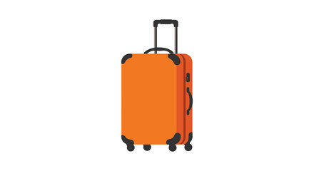 a vibrant orange suitcase standing upright with wheels visible