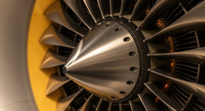 Detailed Close Up View of an Aircraft Jet Engine Turbine Blades and Fan