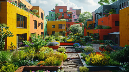 Urban co-housing complex with shared rooftop garden, communal courtyard, and colorful modern facades.