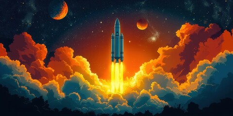Naklejka premium A rocket blasts off into space, surrounded by glowing clouds and celestial bodies.