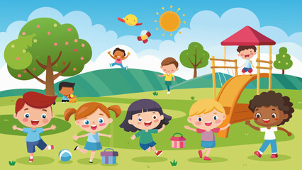 happy kids playing at the park vector background