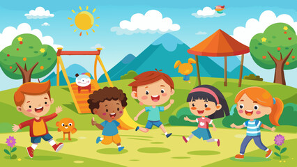 happy kids playing at the park vector background