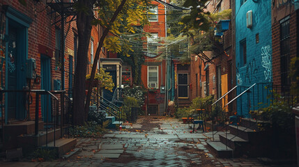 Urban row houses in Philadelphia, tightly packed, brick facades with stoops, graffiti on alley walls, a blend of old and modern life.