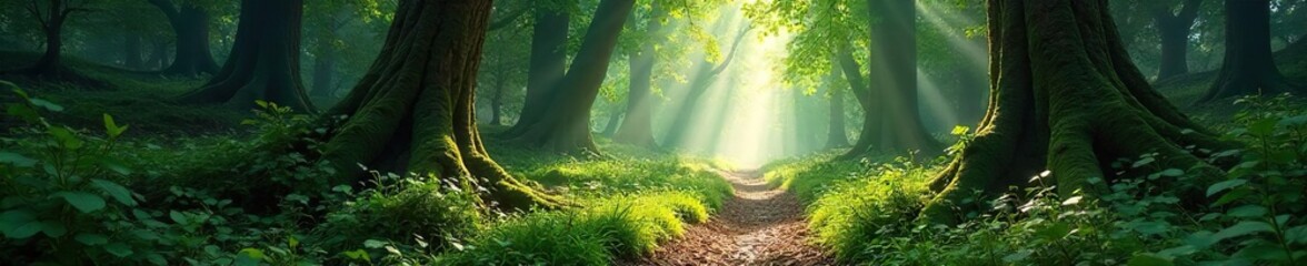 Obraz premium Enchanted forest path, dappled sunlight filtering through leaves, moss-covered trees, creating a magical, artistic atmosphere Perfect for fantasy, nature, and fairytale themes , ethereal, moss