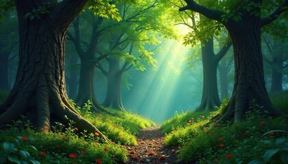 Deep shadows dapple a sunlit forest floor, lush green undergrowth contrasting with ancient tree trunks Perfect for fantasy, nature, and fairytale themes , forest, natural