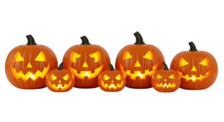 A row of glowing jackolanterns with carved scary faces, in various sizes, isolated on a transparent background for halloween festivities