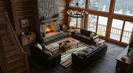 Inviting Rustic Great Room with Soaring Ceilings, Stone Hearth, and Winter Vista.
