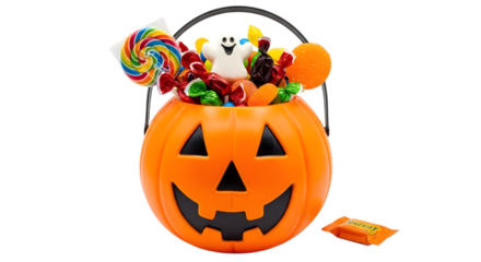 A bright orange pumpkin bucket overflowing with colorful halloween candy and a lollipop, isolated on transparent background