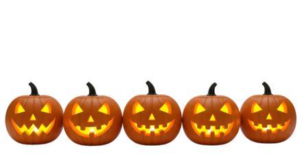 A row of five glowing carved jackolanterns with spooky faces, isolated on transparent background