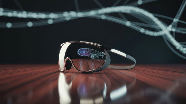 Futuristic virtual reality headset with glowing digital display and abstract light trails in the background, representing immersive technology and digital experience - Powered by Adobe