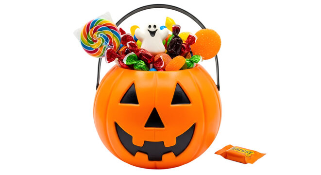A bright orange pumpkin bucket overflowing with colorful halloween candy and a lollipop, isolated on transparent background