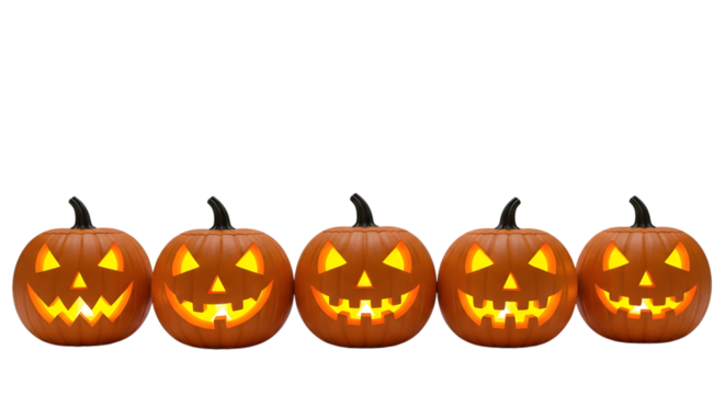 A row of five glowing carved jackolanterns with spooky faces, isolated on transparent background
