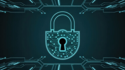 Digital padlock icon with circuit board pattern, representing cybersecurity, data protection, and secure online access in a futuristic digital environment