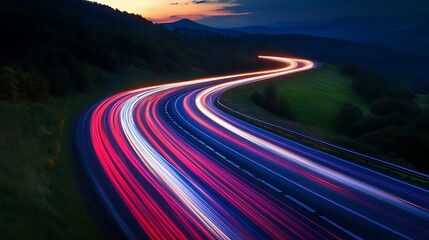 Winding mountain road at dusk with vibrant car light trails highway traffic photo