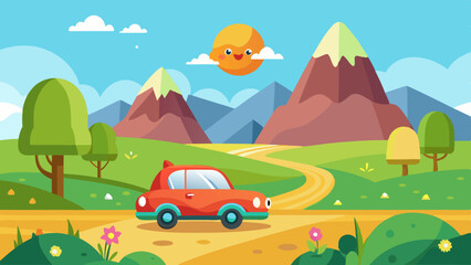 landscape with a cute car on the road vector background