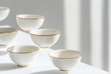 Fototapeta premium Elegant white porcelain bowls with gold rims in minimalist sunlit setting