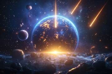 Asteroids belt orbiting an planet. Generative AI