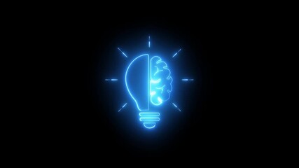 Glowing neon light bulb icon animated on a black background .The human brain combined with an electric light bulb. A glowing light bulb that have a glowing human brain . - Powered by Adobe