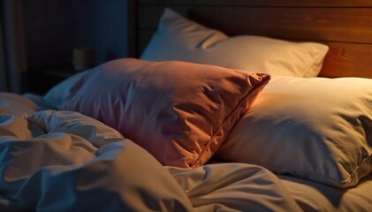 Close-up of two pillows nestled together on a bed, suggesting intimacy and whispered conversations after dark  Soft lighting enhances the cozy atmosphere ,  serene,  fluffy