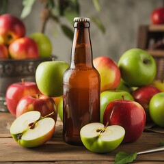 Brown glass bottle of apple cider surrounded by fresh apples on a wooden table