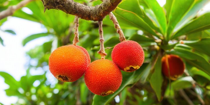 Vibrant orange bayberries hang from a tree, showcasing their textured surfaces and freshness.