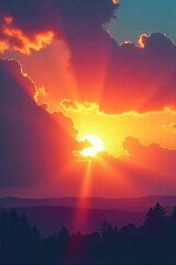 Spectacular sunset with vibrant sun rays breaking through the clouds, painting the sky with warm orange, yellow, and pink hues A breathtaking natural phenomenon , daybreak, sun rays