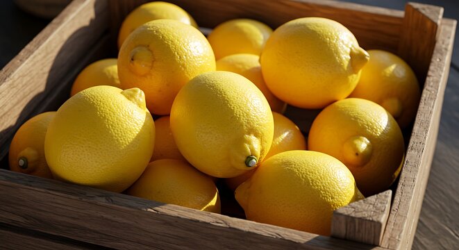 Fresh lemons in a wooden crate, ready for use.
