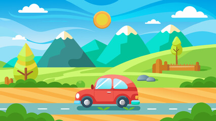 Obraz premium landscape with a cute car on the road vector