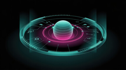 Abstract futuristic holographic sphere emitting light within a circular interface, representing advanced technology, ai, and global data visualization