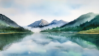 Watercolor landscape of a tranquil mountain lake surrounded by pine forests, soft mist over water, gentle reflection, cool blue and green palette. Nature, relaxation, travel, art, outdoor theme
